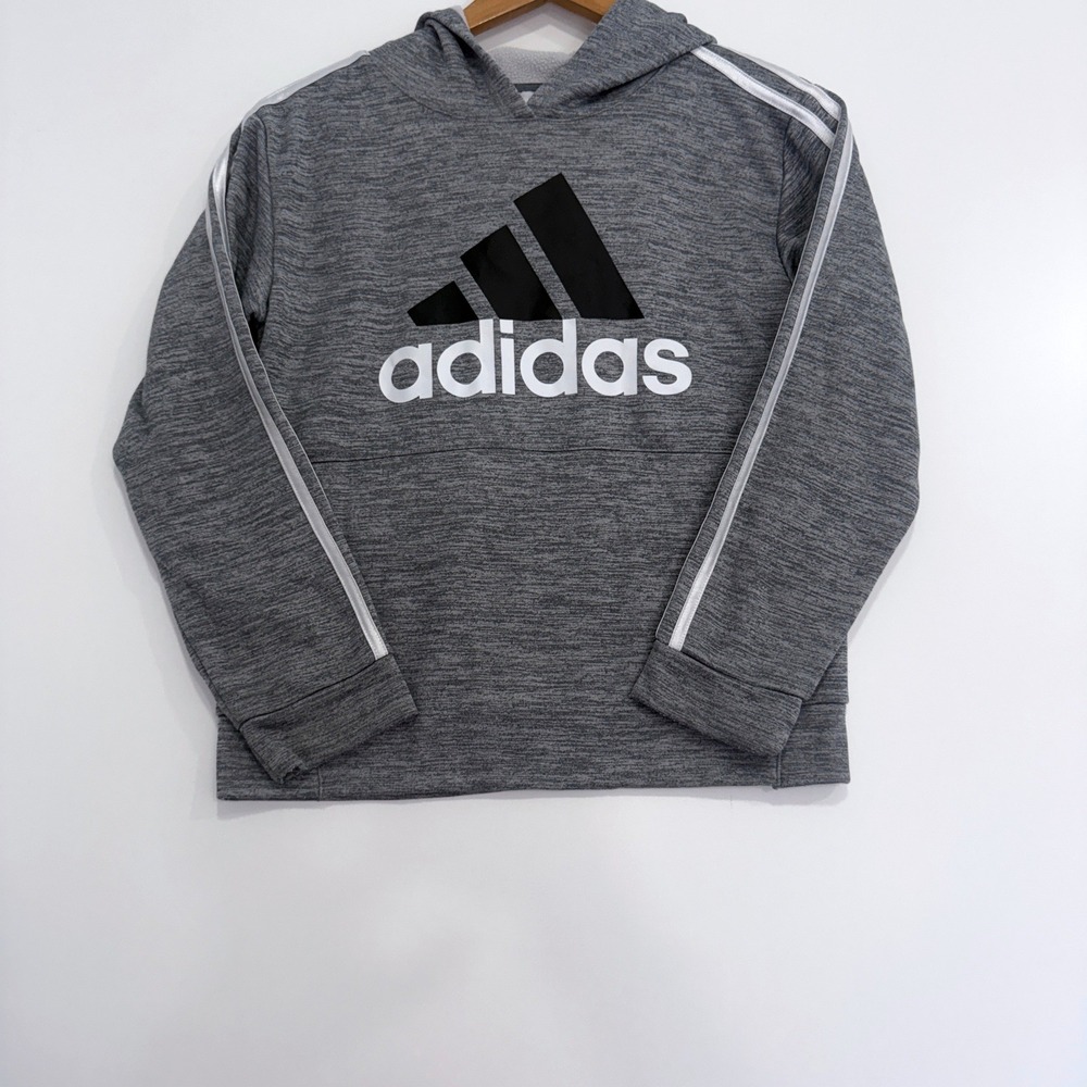 Adidas Hoodie Boys 10/12 Gray Heathered Logo Pullover Sweatshirt
